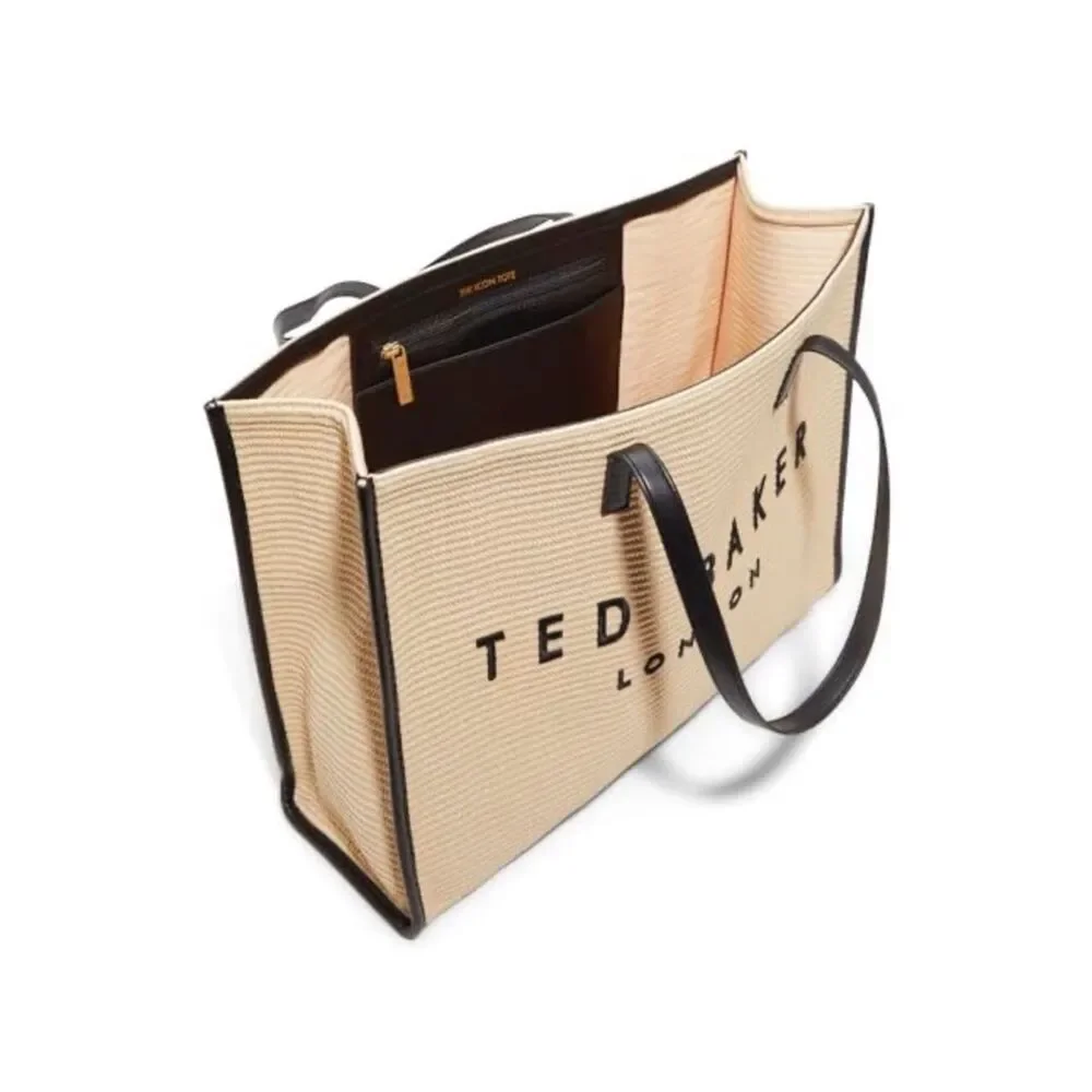 TED BAKER The Icon Palmer Tote Ivory Straw Black Faux Leather Embroidered Logo